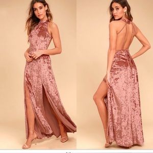 Lulu’s Sway My Options Rusty Rose Velvet Maxi Dress Gown Open Back Front Slits